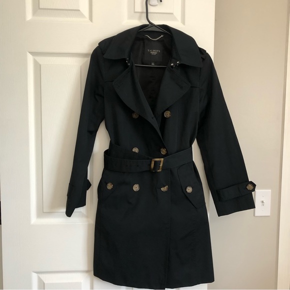 Talbots Petite Women's Double Breasted Belted Long Trench Coat in Black 2P - Picture 2 of 16